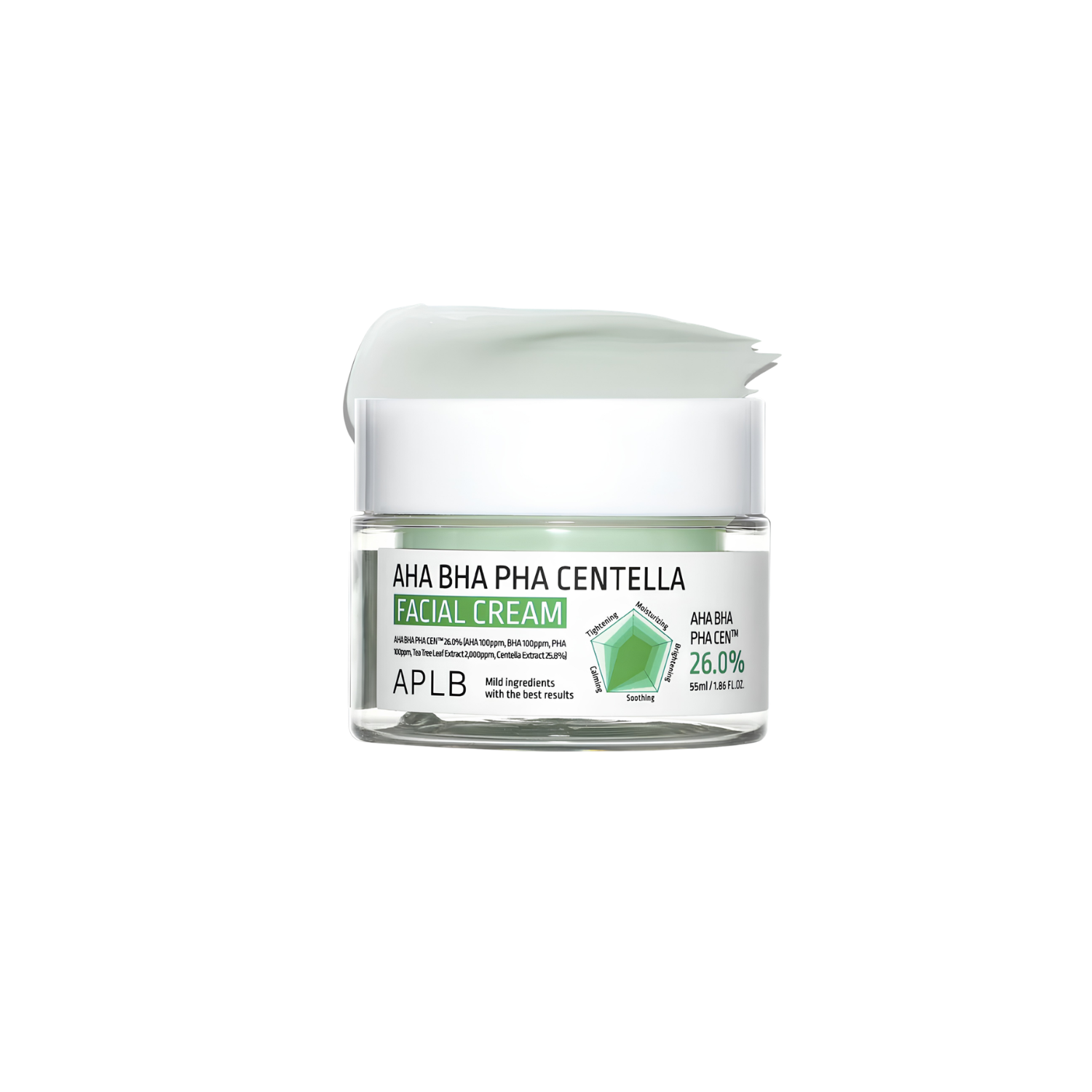 APLB AHA BHA PHA Centella facial cream in 55ml jar, showcasing the moisturizing face cream with natural ingredients and centella extract.