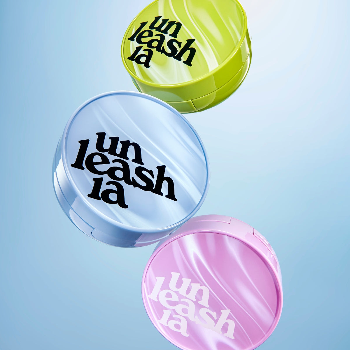 Unleashia Babe Skin Baby Blue Cushion Foundation compact with a soft blue cushion and mirror inside, showcasing its sleek design.