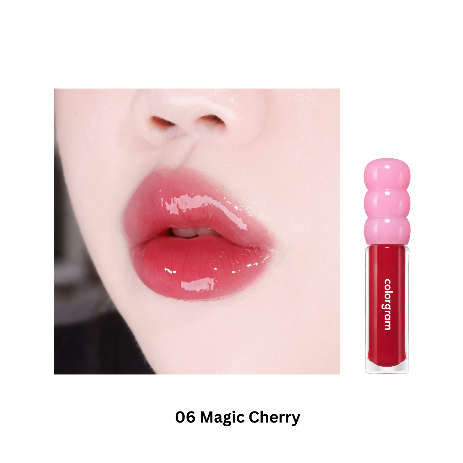 Colorgram Fruity Glass Gloss lip tint in a vibrant transparent tube with a colorful applicator, showcasing the glossy, fruity finish.