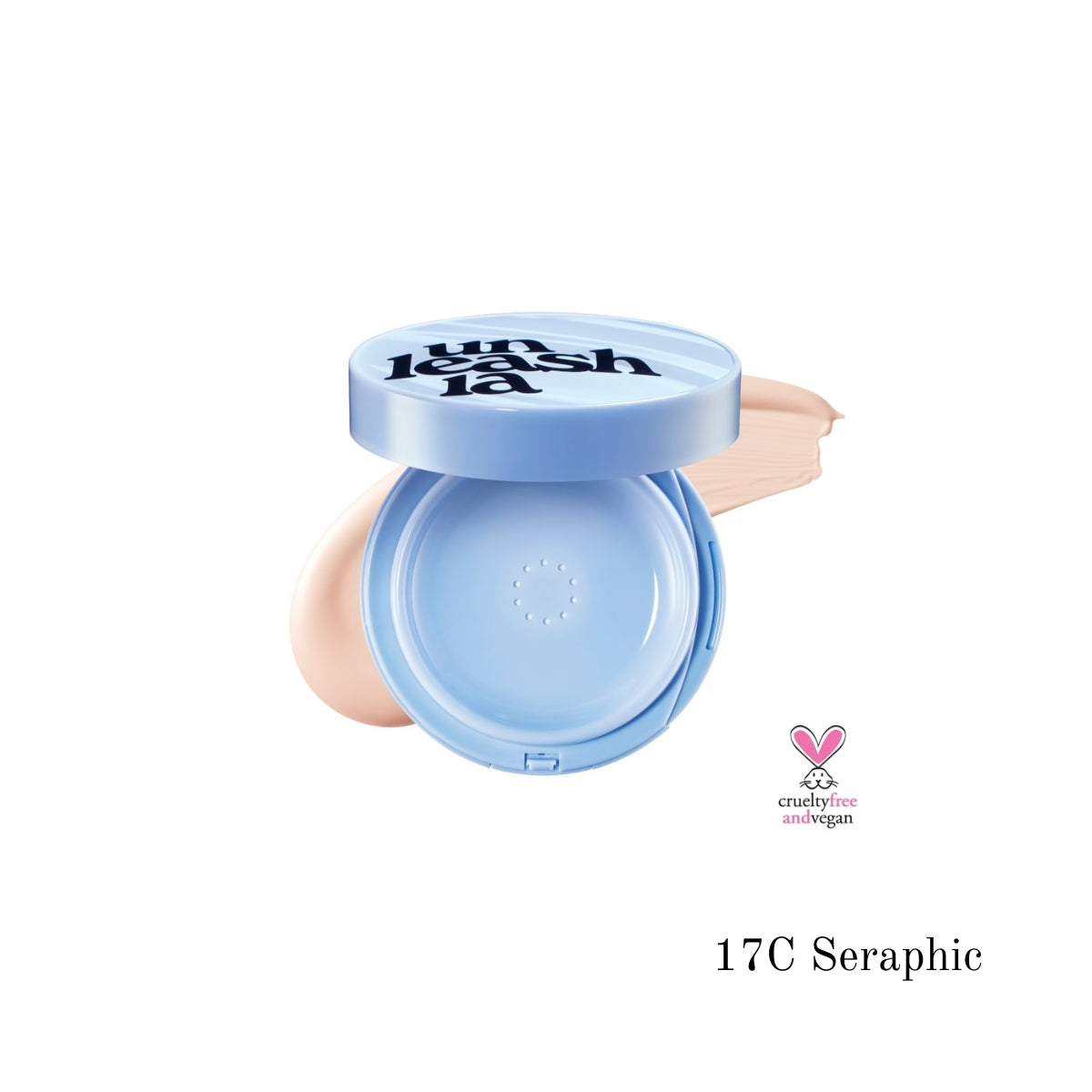 Unleashia Babe Skin Baby Blue Cushion foundation with a compact, smooth applicator, showcasing the cushion foundation's pastel blue packaging.