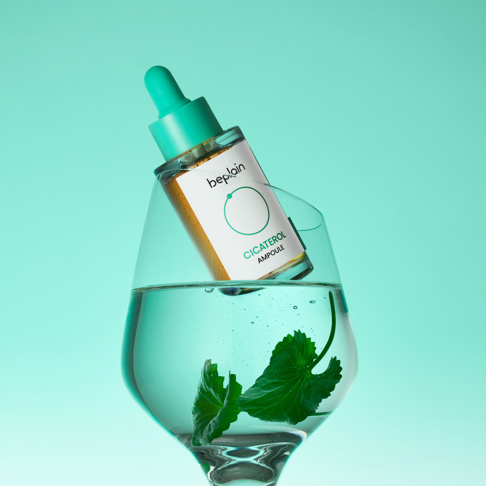 Beplain Cicaterol Ampoule 30ml with clear glass bottle and dropper cap, designed for skincare and skin healing.