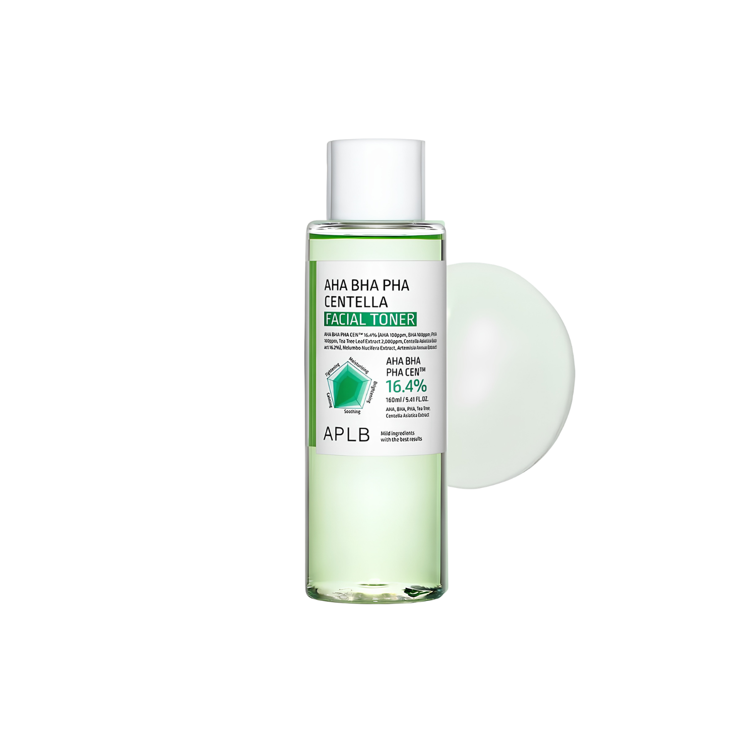 APLB AHA BHA PHA Centella Facial Toner 160ml showing the clear bottle with the toner and centella leaves inside.