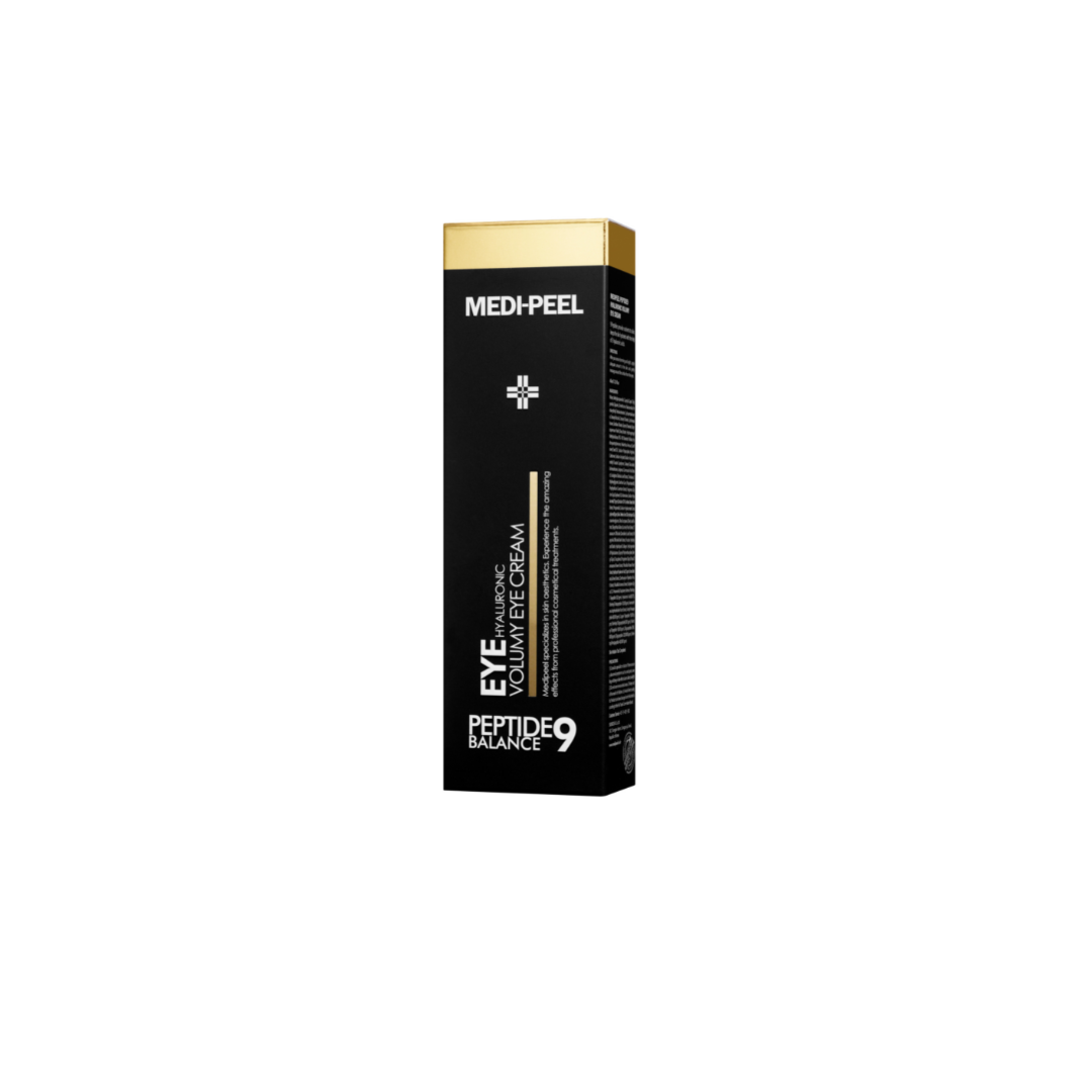 MEDIPEEL+ Peptide9 Hyaluronic Volumy Eye Cream in 40ml jar showing smooth, hydrating formula for under-eye rejuvenation.
