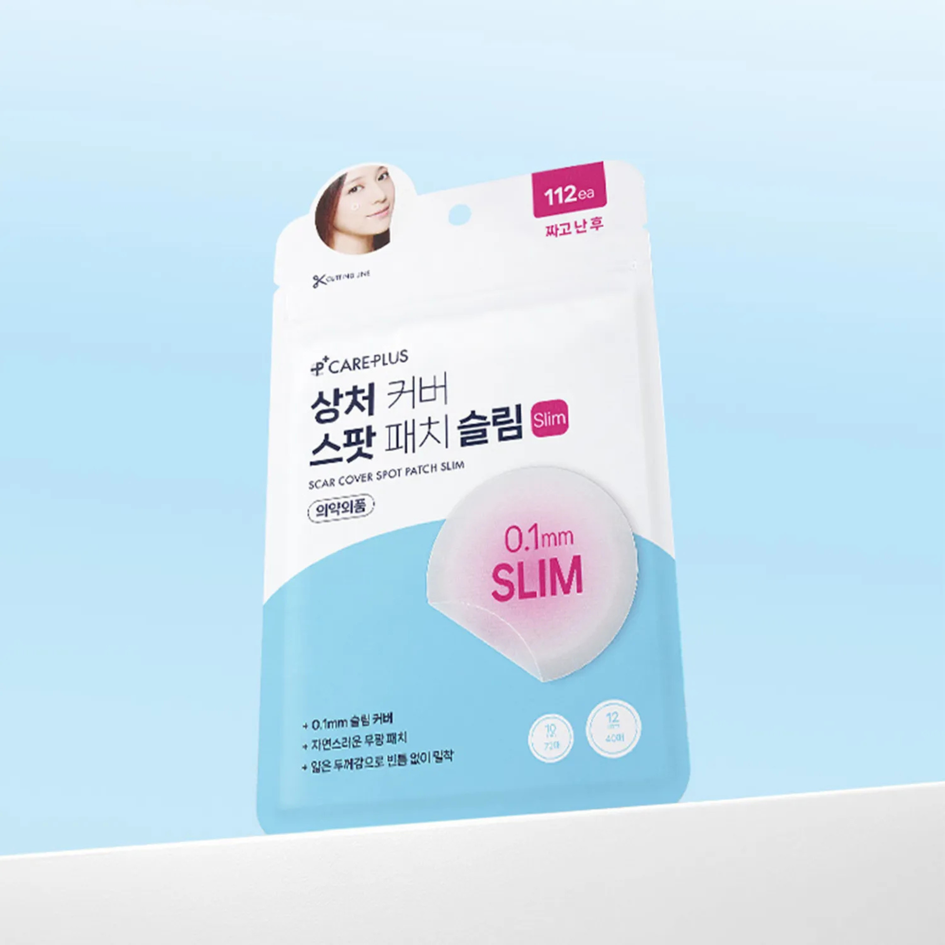 Care Plus Scar Cover Spot Patch Slim, 112pcs, small transparent adhesive patches for scar concealment and skin protection.