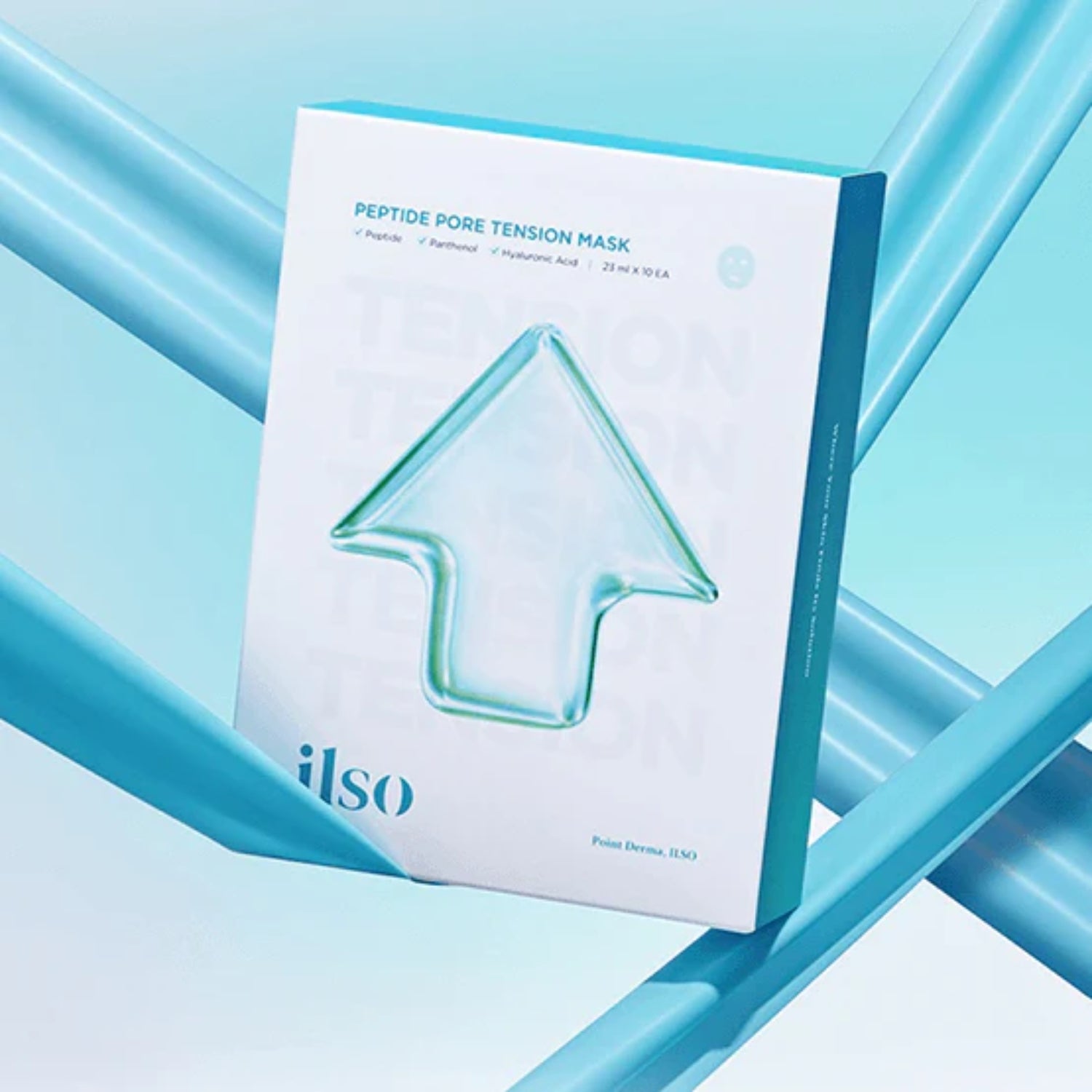 ILSO Peptide Pore Tension Sheet Mask box with 10pcs, skin-revitalizing facial masks for pore tightening and hydration.