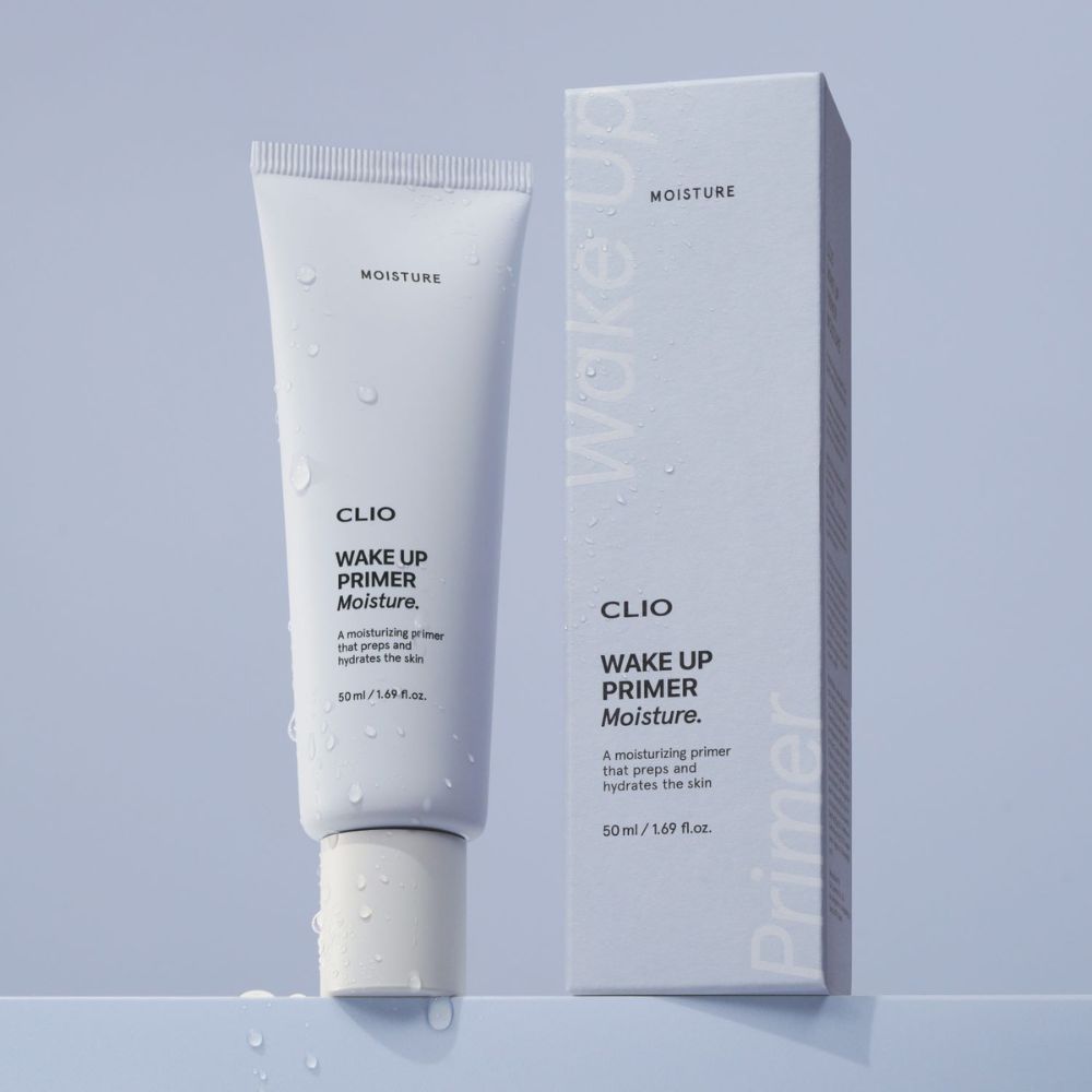 Clio Wake Up Primer Moisture face primer in 50ml tube, smooths skin for a fresh, hydrated look.