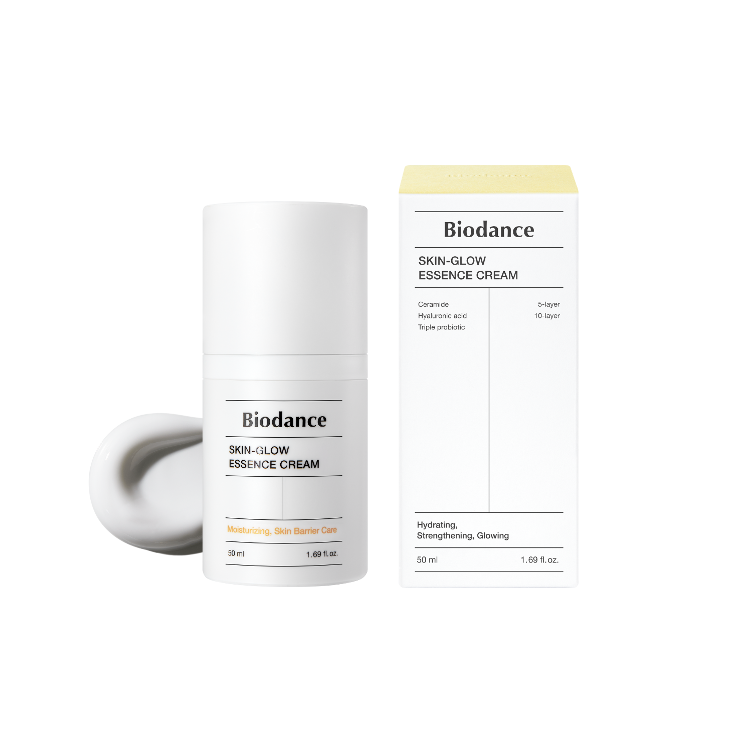 Biodance Skin-Glow Essence Cream 50ml face moisturizer jar with a sleek, white container and blue accents.