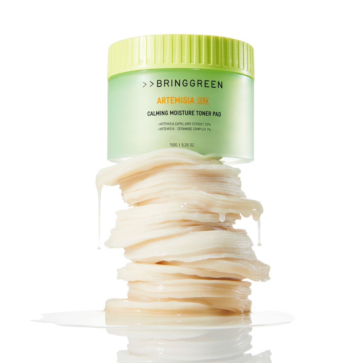 Bring Green Artemisia Cera Calming Moisture Toner Pad, 90pcs, showing soft cotton pads soaked in calming toner.