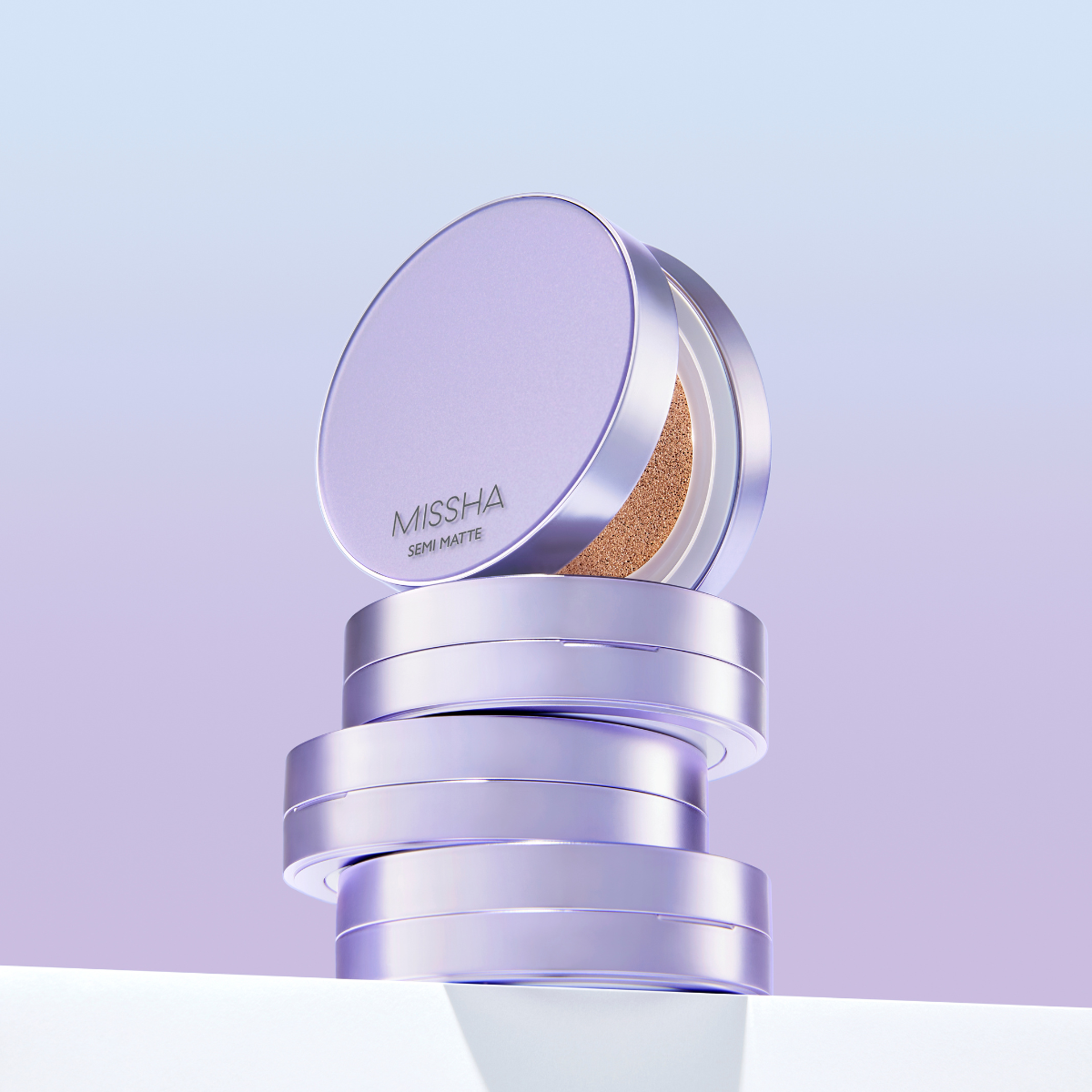 Missha Layering Fit Cushion Semimatte 15g foundation with two shades, showing the compact cushion with open and closed views.