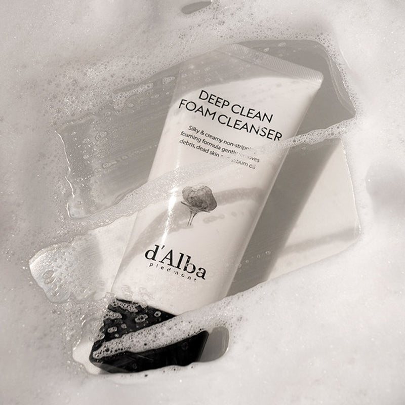 d'Alba White Truffle Deep Clean Foam Cleanser in 80ml gel and foam form, featuring a white squeeze tube with product branding.