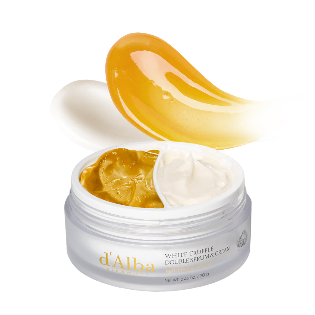 d'Alba White Truffle Double Serum and Cream face moisturizer in 70g jar, featuring a white cream and serum in elegant packaging.