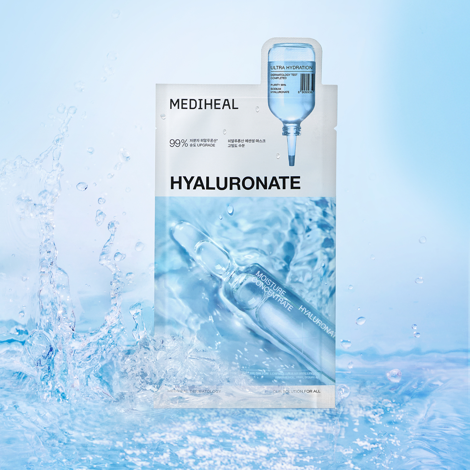 Mediheal Hyaluronate Watermide Essential Sheet Mask showing a close-up of the mask soaked in hydrating serum.