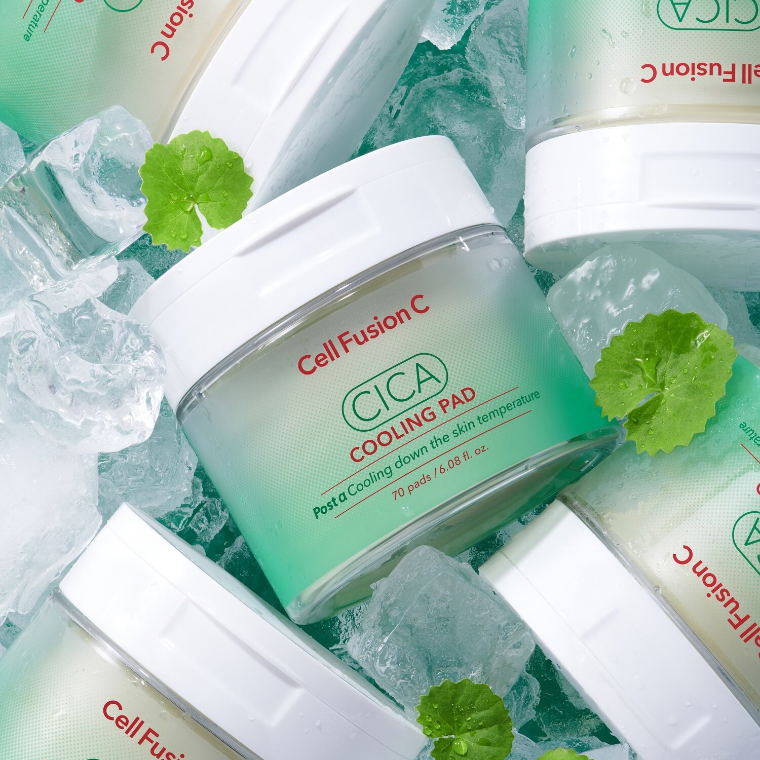Cell Fusion C Cica Cooling Pad toner pads, two packs of cooling and soothing skincare treatment for sensitive skin.