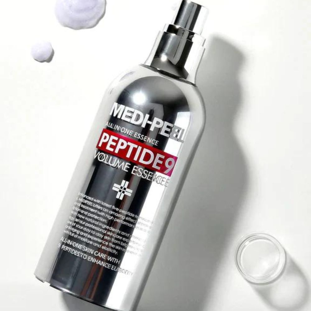 MEDIPEEL+ Peptide 9 Volume All In One Essence bottle, 100ml, featuring clear liquid and label with product details.