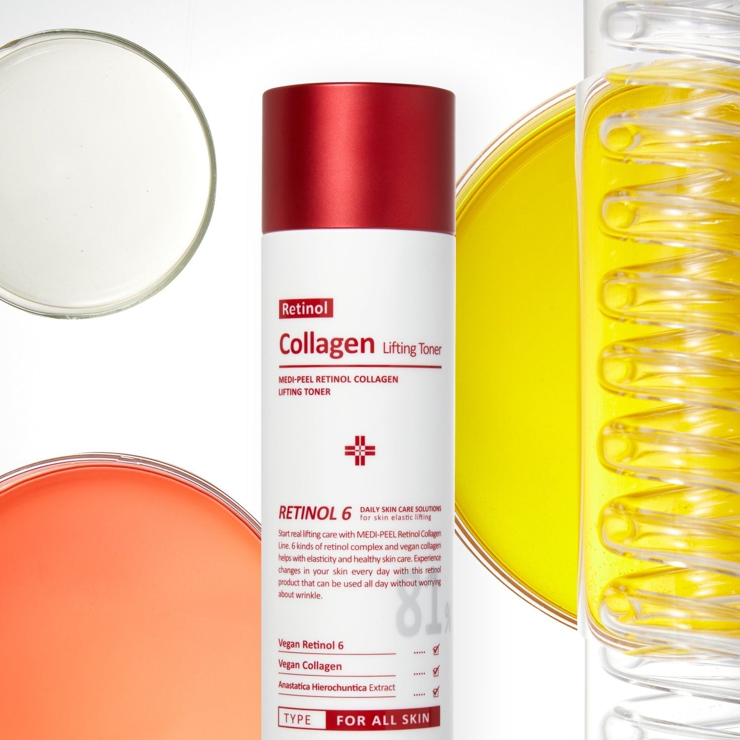 MEDIPEEL+ Retinol Collagen Lifting Toner in a 150ml bottle, showcasing clear liquid and minimalist label design.