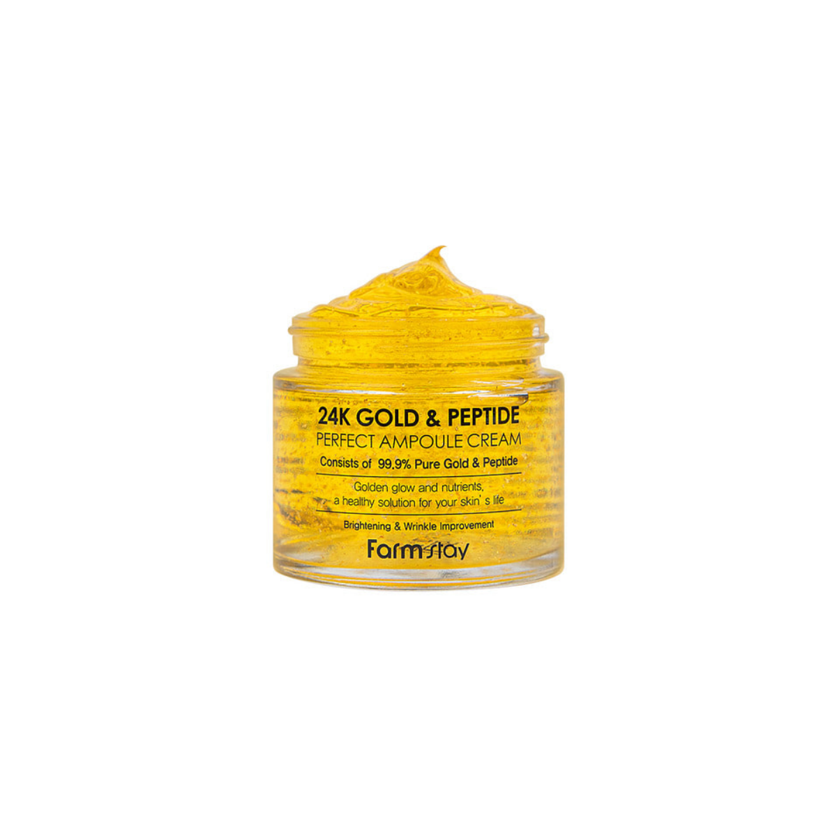 Farmstay 24k Gold & Peptide Perfect Ampoule Cream face moisturizer in 80ml jar with gold accents and creamy texture.