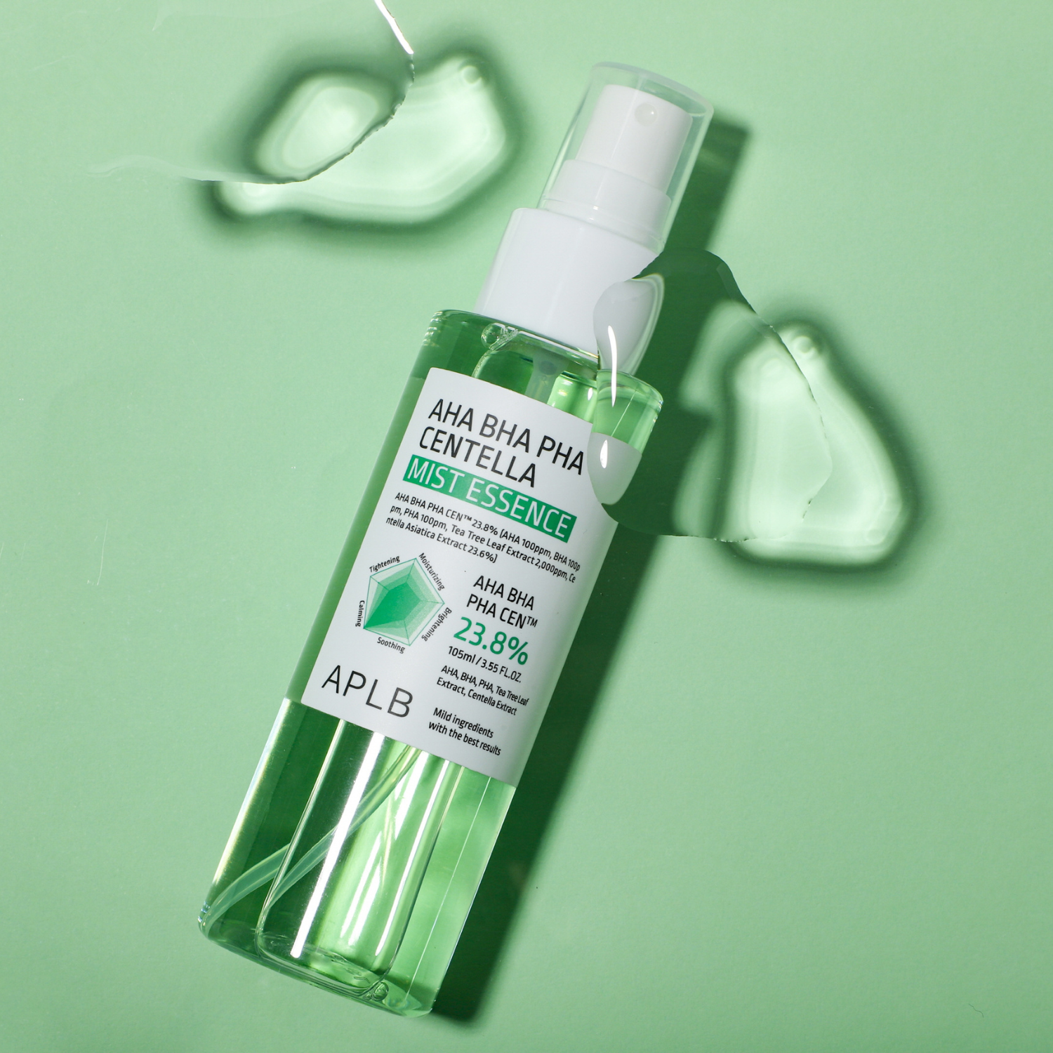 APLB AHA BHA PHA Centella Mist Essence in a clear spray bottle, featuring the label and mist nozzle for refreshing skin.