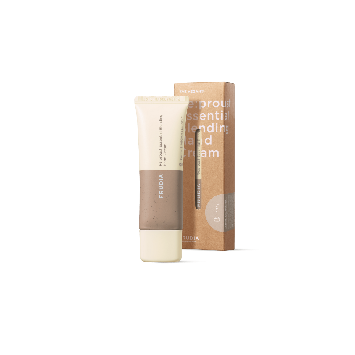 Frudia Re:proust Essential Blending Hand Cream Earthy 50g jar with beige label and black lid, displayed on a neutral background.