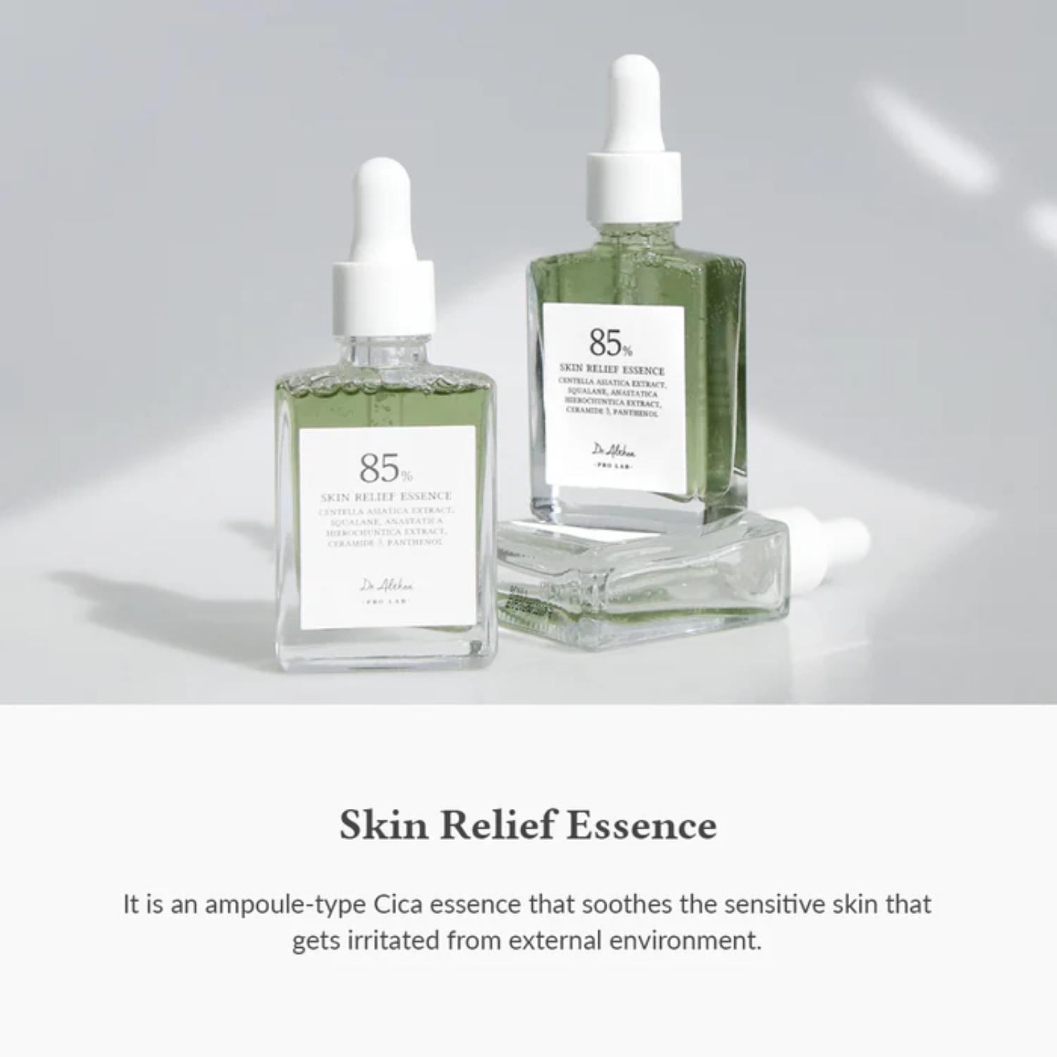 Dr. Althea Skin Relief Essence 30ml bottle with clear liquid, designed to soothe and hydrate skin.