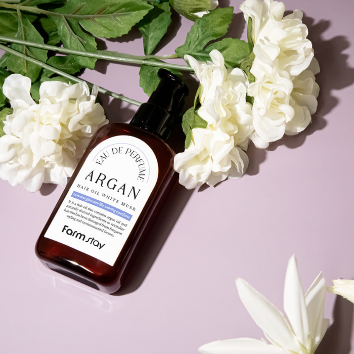 Farmstay Eau de Perfume Argan Hair Oil with White Musk, 100ml, conditioner and treatment for smooth, fragrant hair.