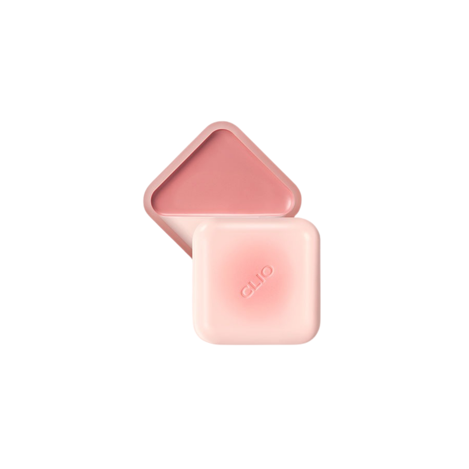 Clio Essential Lipcheek Tap blush compact with soft pink shade and sleek packaging, showcasing the product open.
