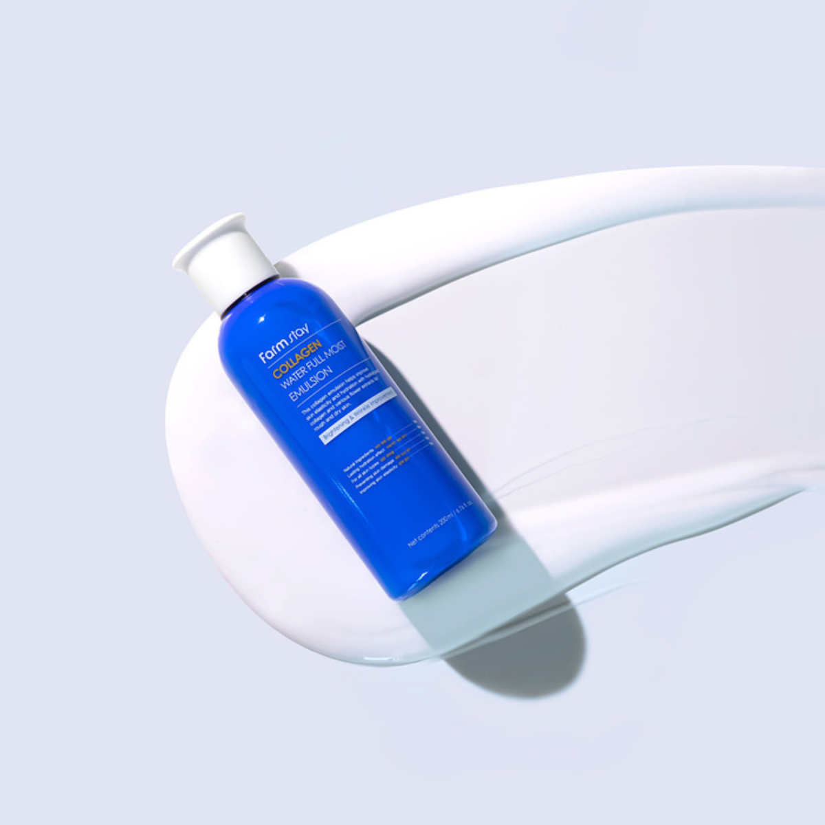 Farmstay Collagen Water Full Moist Emulsion face moisturizer in 200ml bottle, showing smooth, hydrating skincare product.