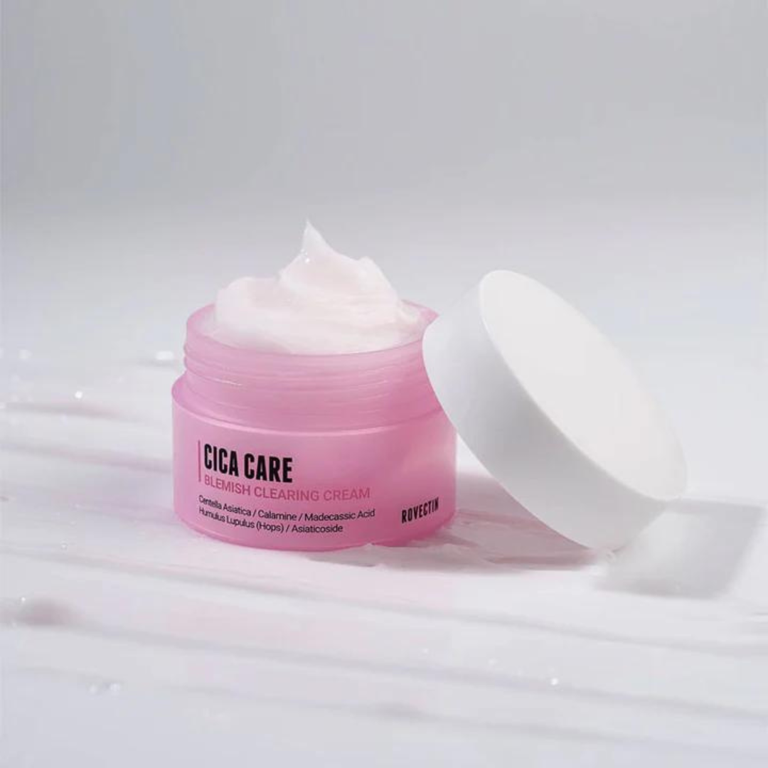 Rovectin Cica Care Blemish Clearing Cream 50ml face moisturizer with soothing and healing properties, shown in the image.