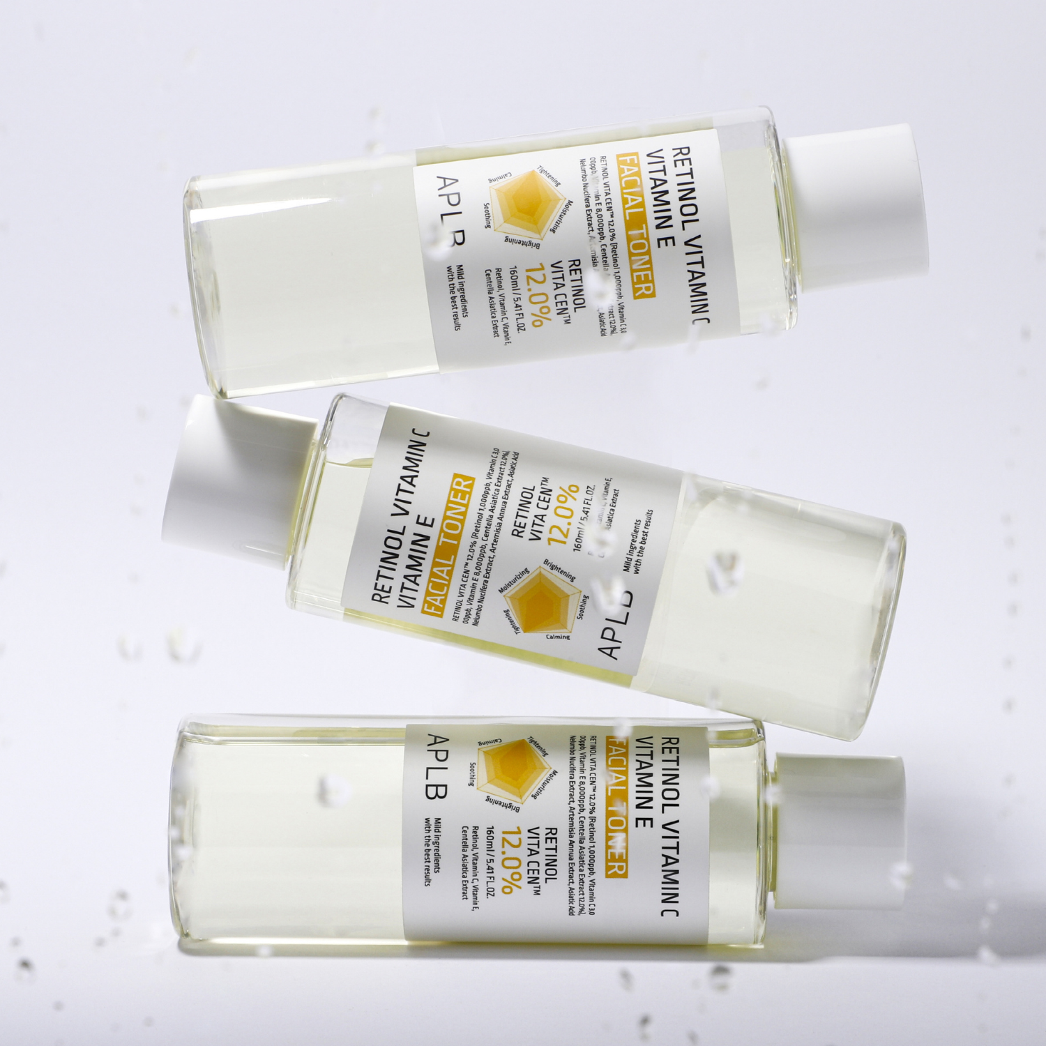 APLB Retinol Vitamin C and E facial toner in a 160ml bottle, featuring clear liquid and a pump dispenser for skincare.