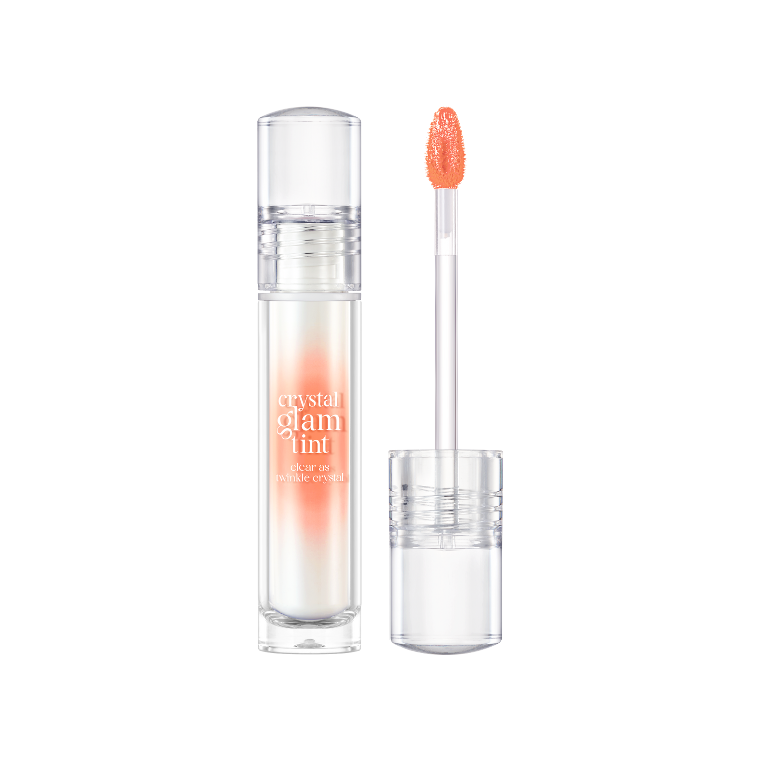 Clio Crystal Glam Tint luxury lip tint in a sleek tube, showcasing the vibrant, glossy color of the lip product.