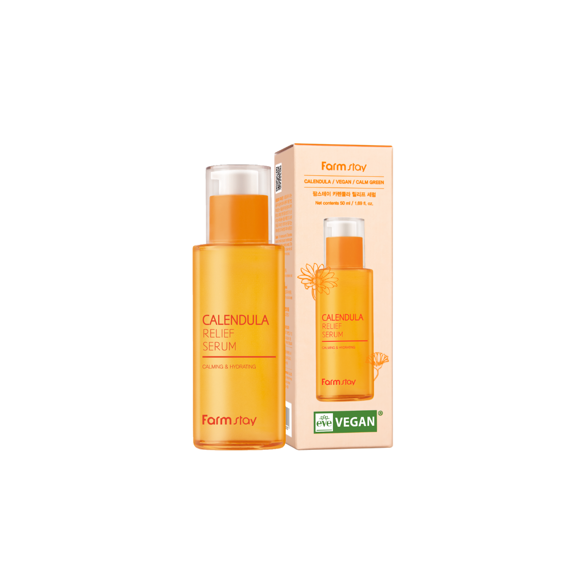 Farmstay Calendula Relief Serum 50ml bottle with dropper, natural skincare serum for soothing and nourishing skin.