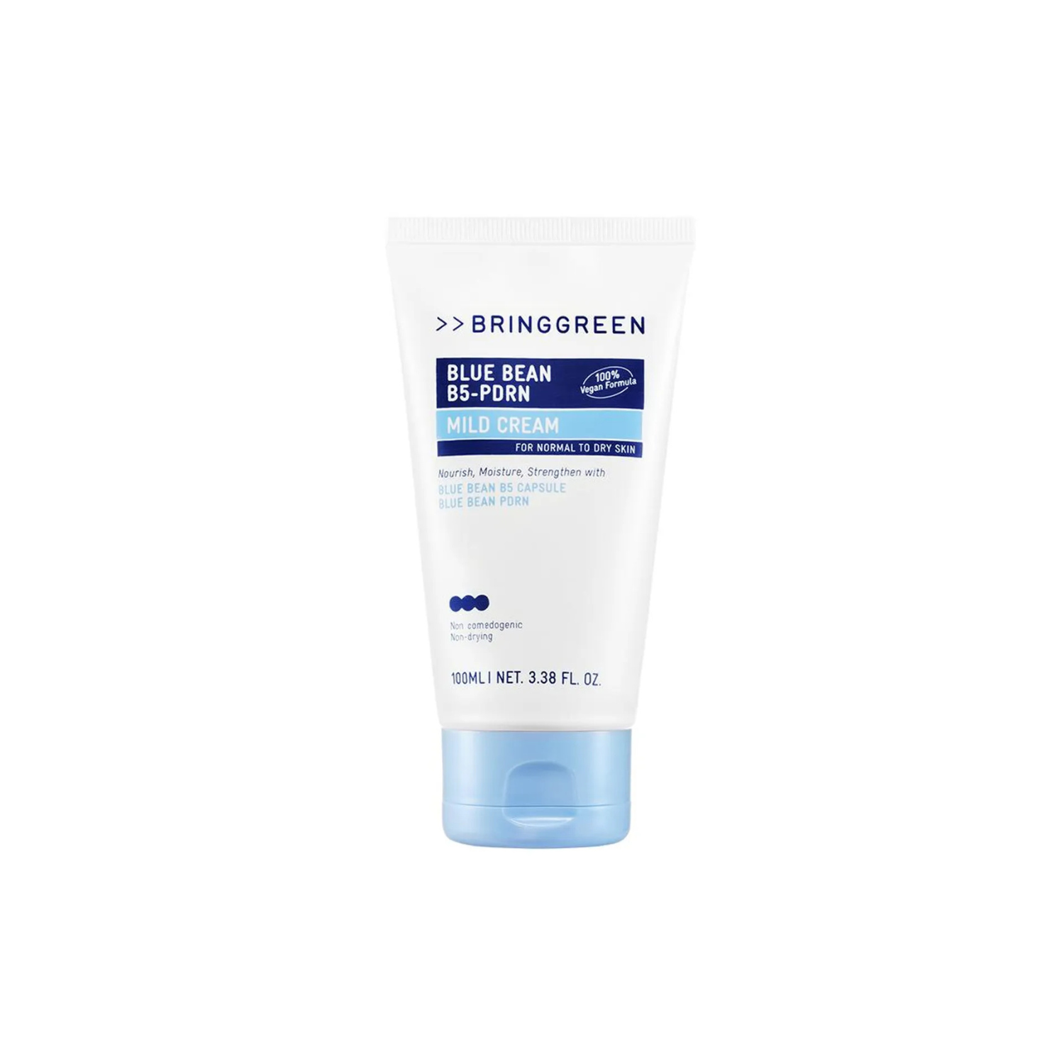 Bring Green Blue Bean B5-PDRN Mild Cream face moisturizer in a 100ml container, showing the light blue cream inside.