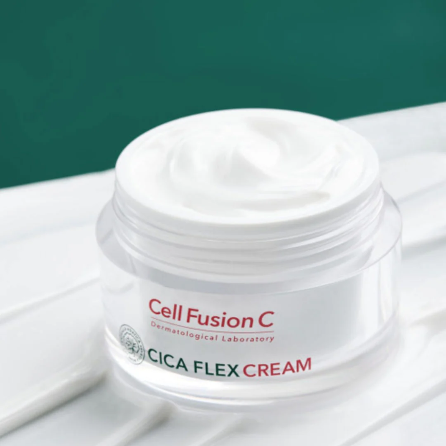 Cell Fusion C Cica Flex Cream 55ml face moisturizer jar with white and green packaging and a smooth cream texture visible.