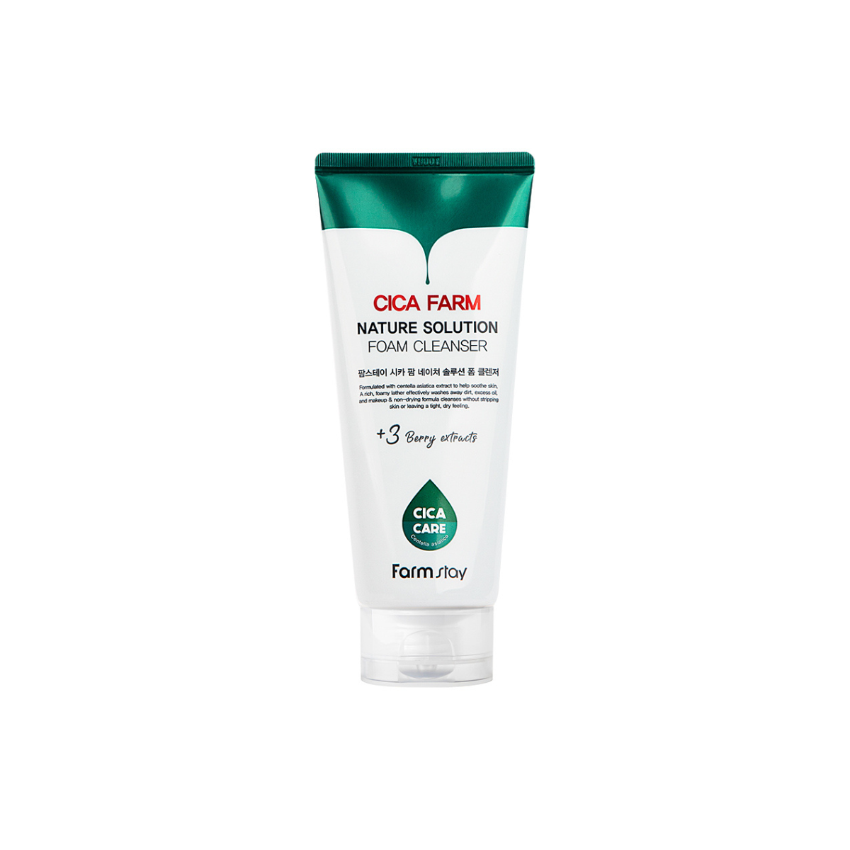 Farmstay Cica Farm Nature Solution Foam Cleanser in 180ml, gel and foam cleanser with calming ingredients, visible in the image.