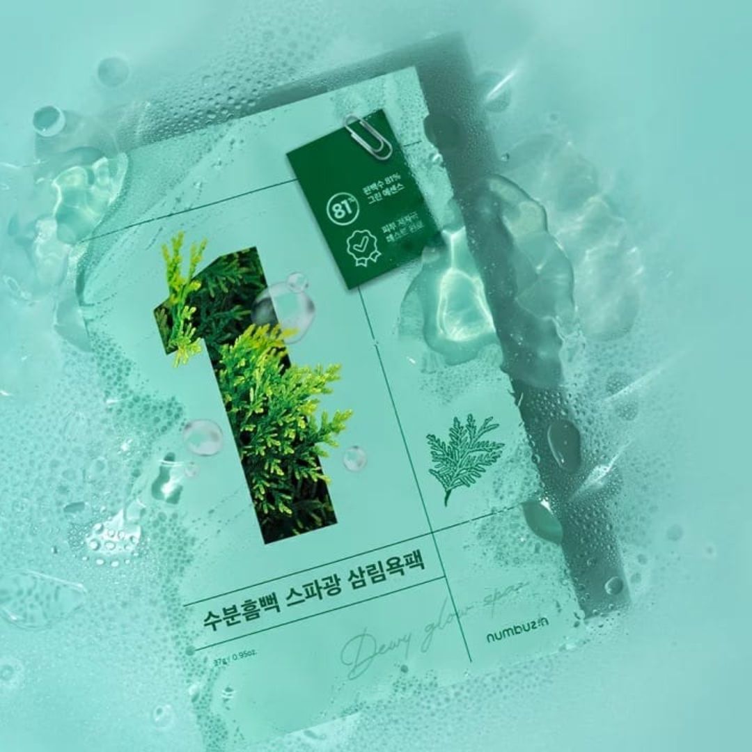 Numbuzin No.1 Dewy Glow Spa Sheet Mask box with four sheet masks for hydration and radiant skin.