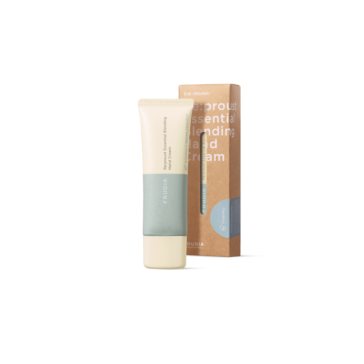 Frudia Re:proust Essential Blending Hand Cream in Greenery 50g, showing the creamy hand moisturizer with green botanical accents.