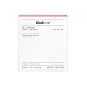 Biodance Bio-Collagen Real Deep Mask sheet mask box with 4pcs, featuring hydrating collagen-infused sheet masks for skincare.