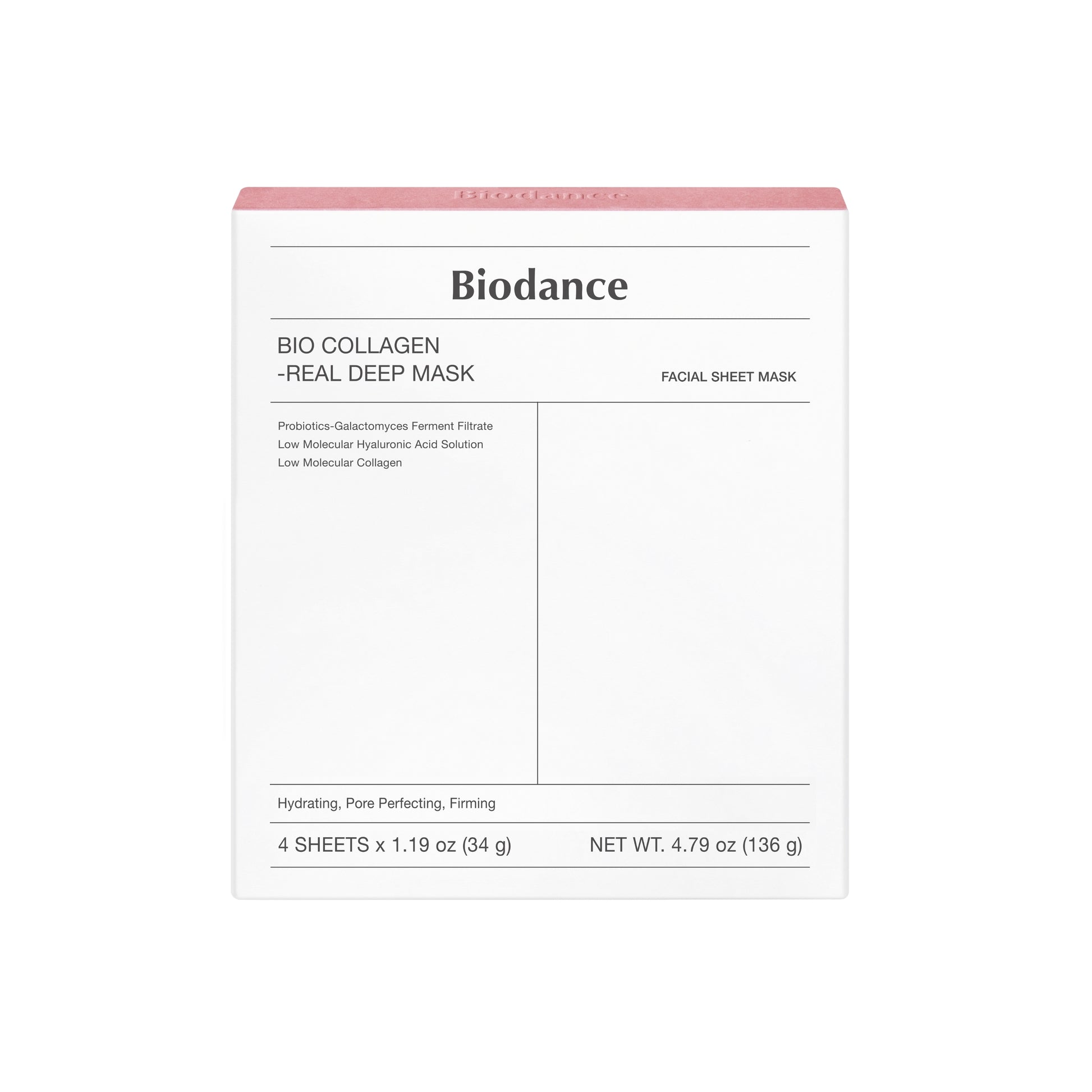 Biodance Bio-Collagen Real Deep Mask sheet mask box with 4pcs, featuring hydrating collagen-infused sheet masks for skincare.