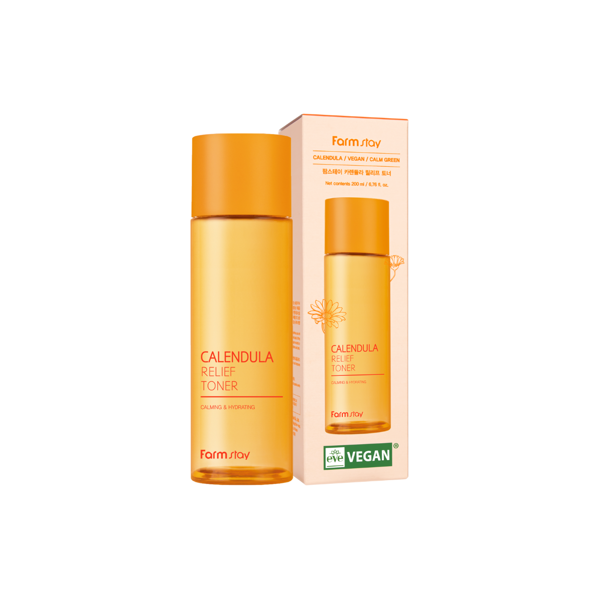 Farmstay Calendula Relief Toner in a 200ml bottle, featuring a clear liquid and botanical ingredients for soothing skincare.