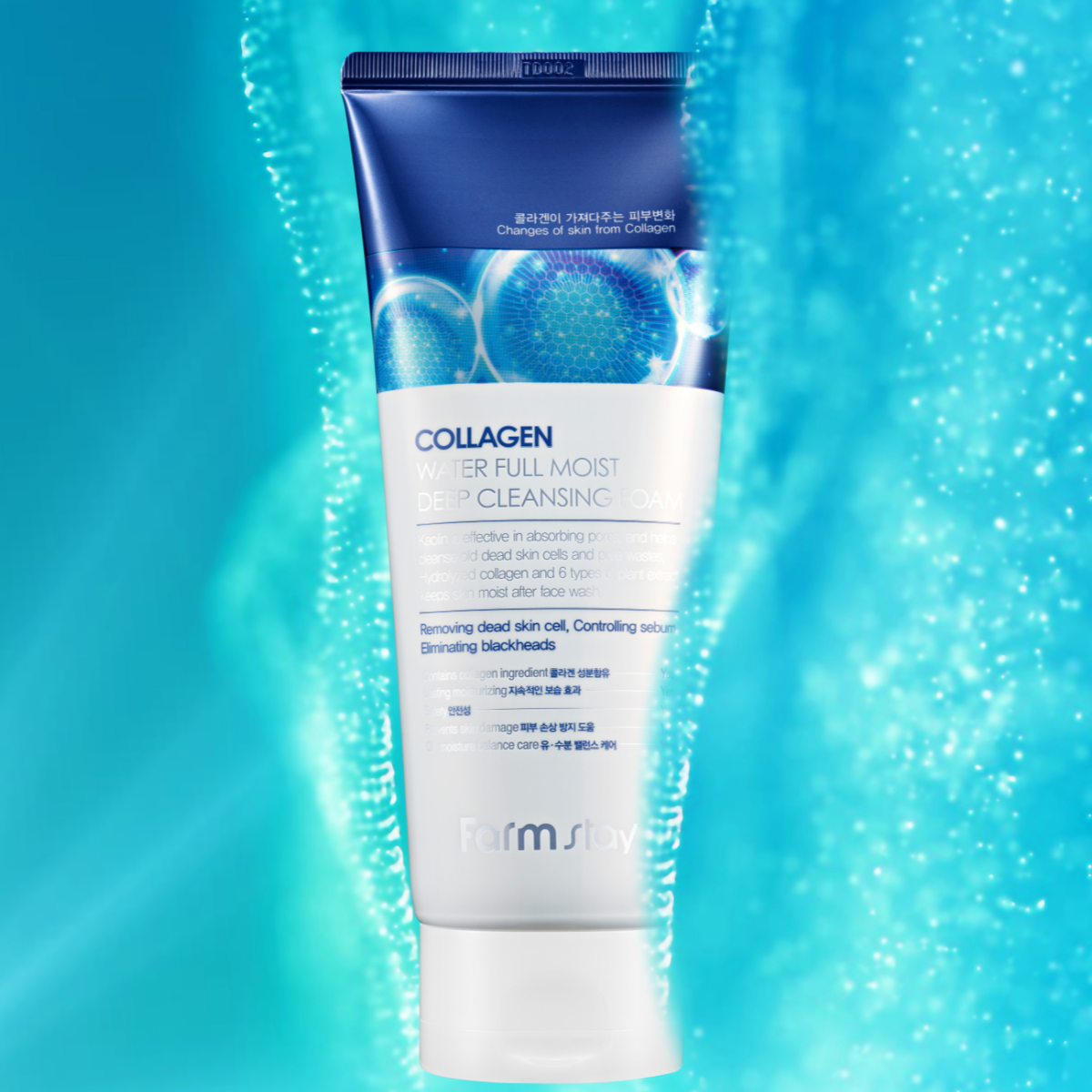 Farmstay Collagen Water Full Moist Deep Cleansing Foam in a 180ml gel and foam cleanser bottle, showing the product packaging.