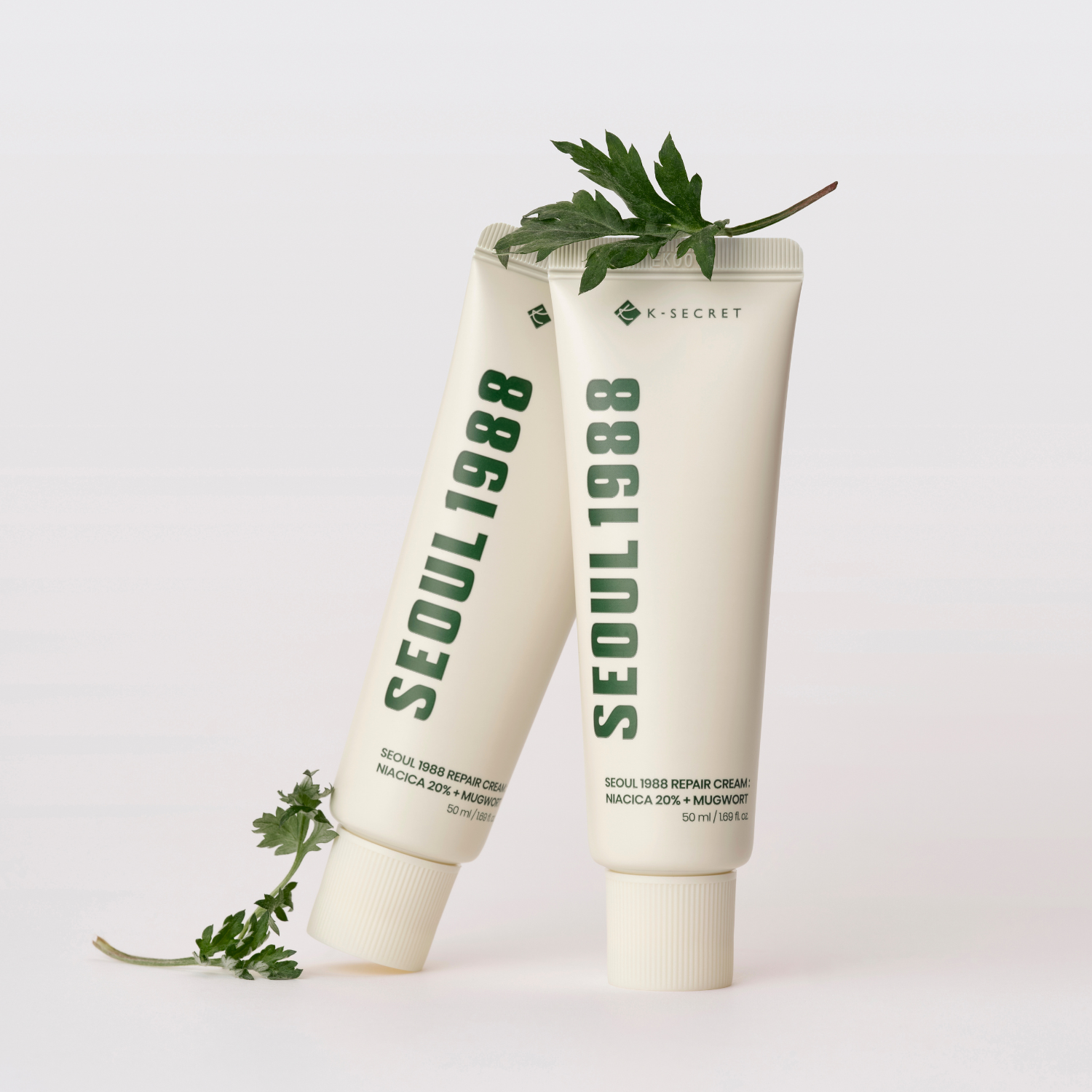 K-Secret Seoul 1988 Repair Cream face moisturizer with Niacica 10% and Mugwort, 50ml, in a white jar with a silver lid.
