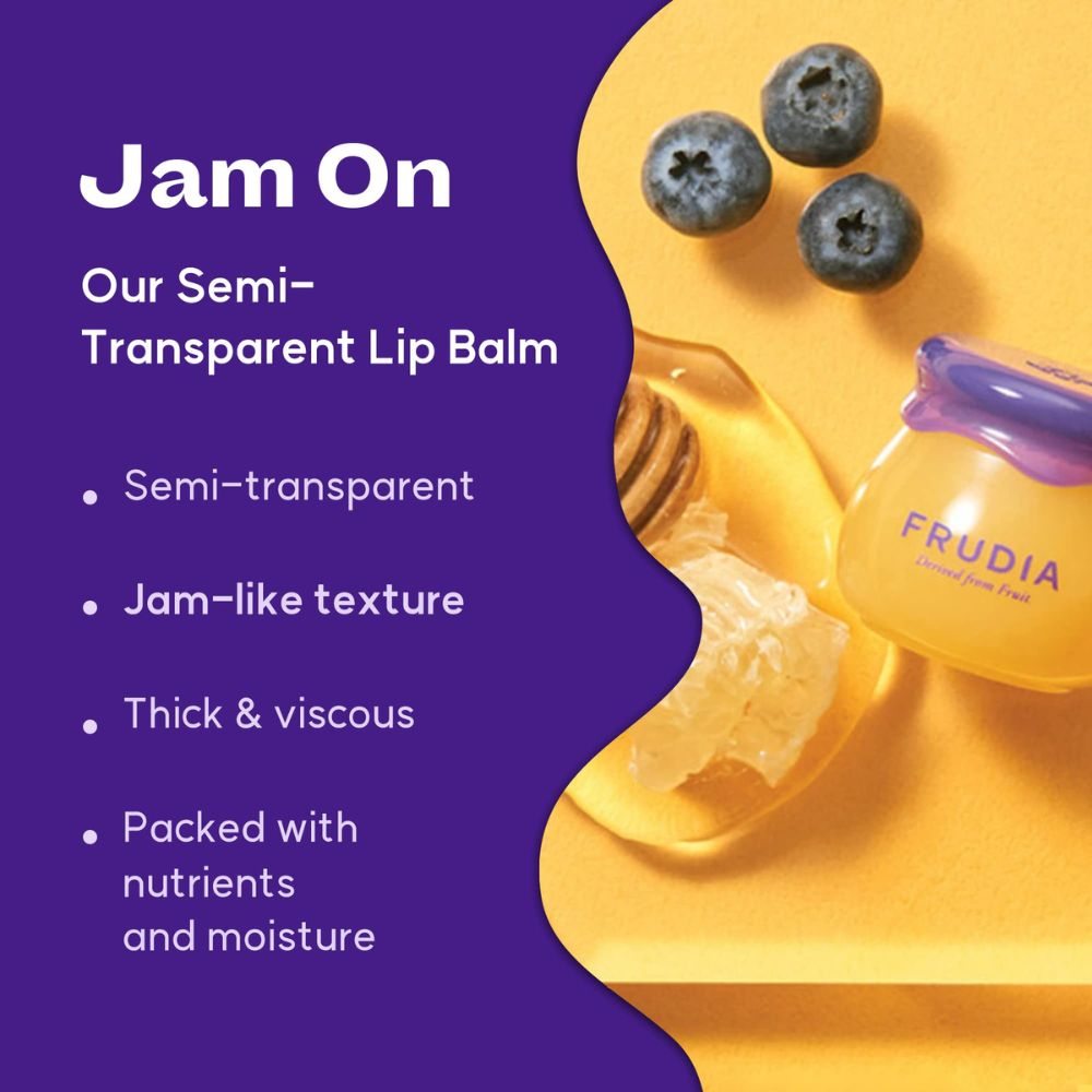 Frudia Blueberry Hydrating Honey Lip Balm in 10ml tube, showing the nourishing lip balm with blueberry and honey ingredients.