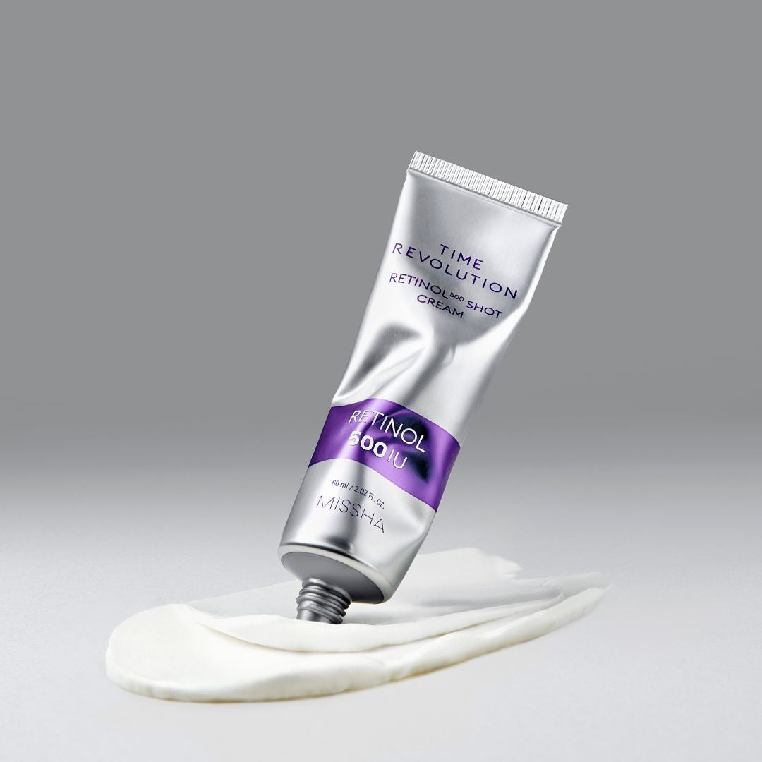 Missha Time Revolution Retinol 500 Shot Cream 60ml face moisturizer with creamy texture and elegant packaging.