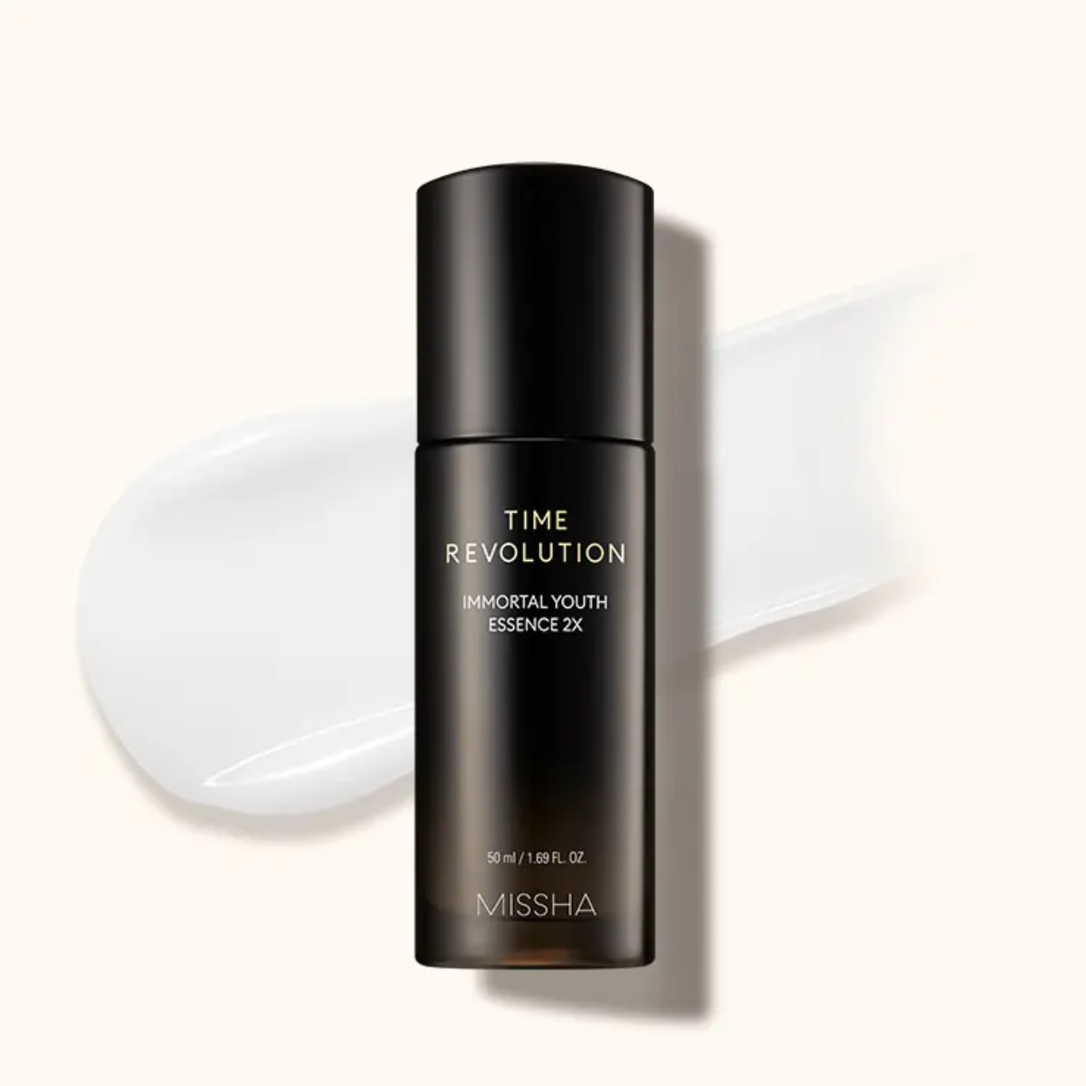 Missha Time Revolution Immortal Youth Essence 2X 50ml bottle with sleek packaging and clear labeling.