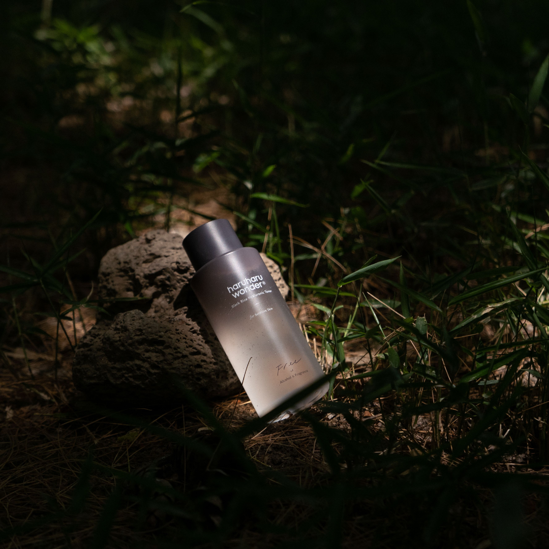 Haruharu Wonder Black Rice Hyaluronic Toner in a 300ml bottle, alcohol and fragrance-free, with a clear liquid inside.