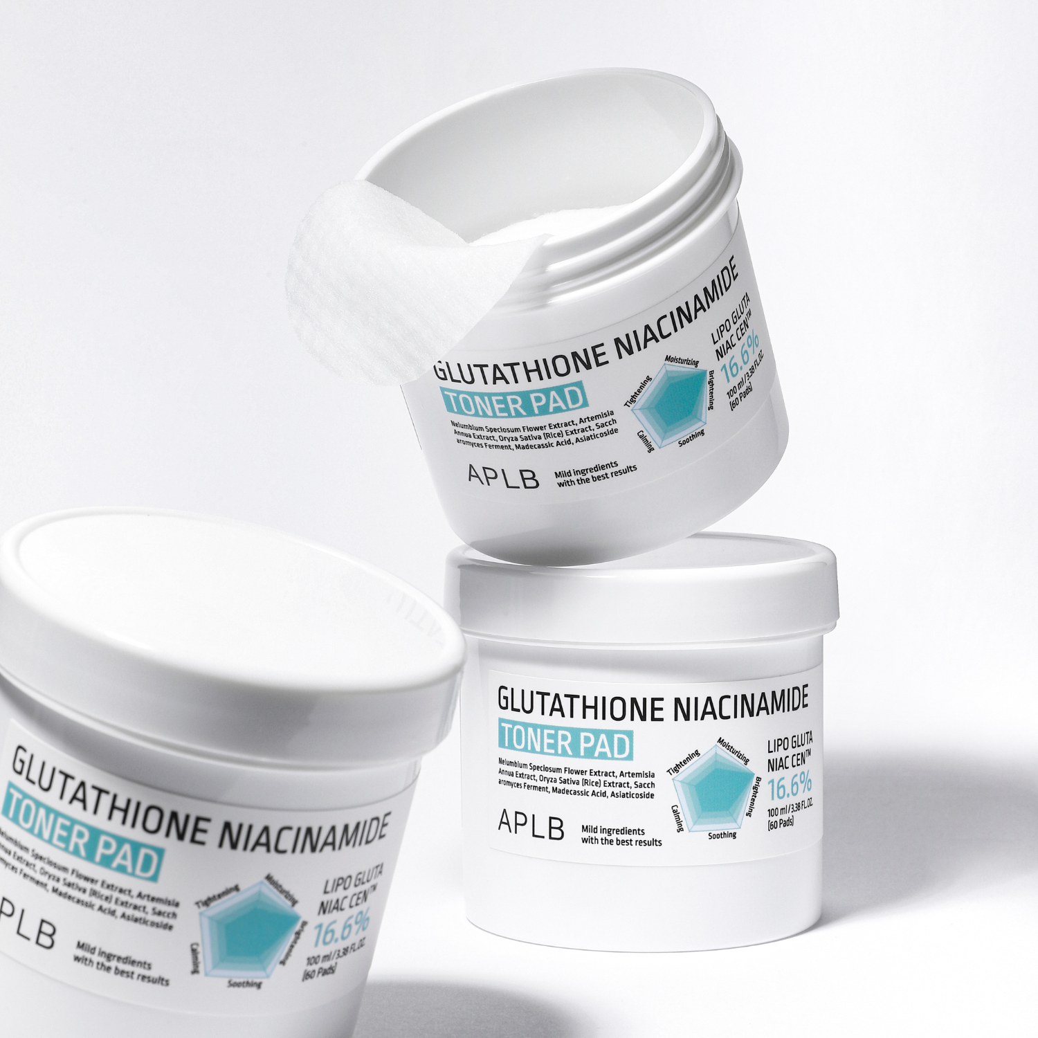 APLB Glutathione Niacinamide Toner Pad in 100ml, showing a close-up of the white toner pad with brand and product details.