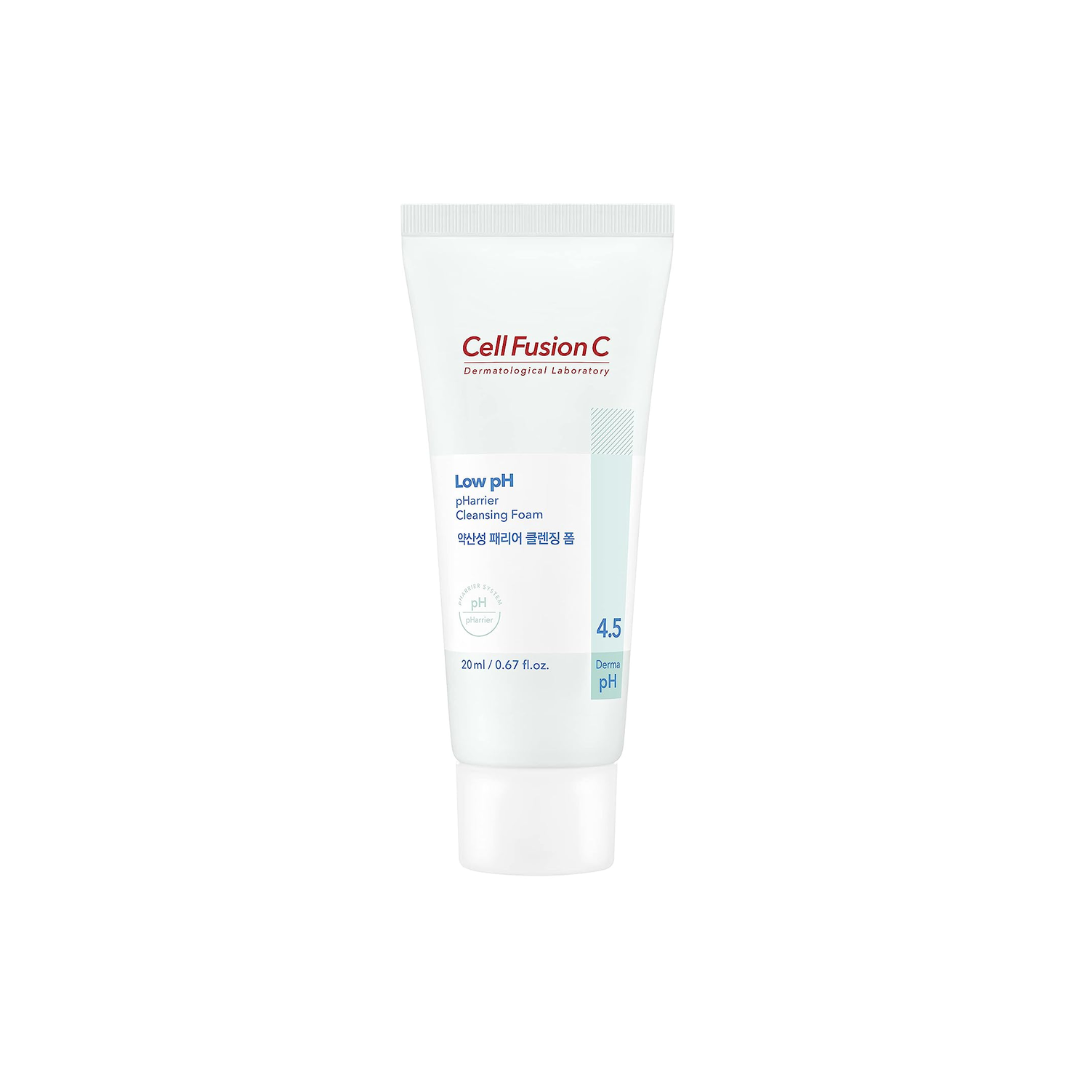 Cell Fusion C Low pH pHarrier 4-piece skincare set with cleanser, toner, serum, and moisturizer displayed on a clean surface.