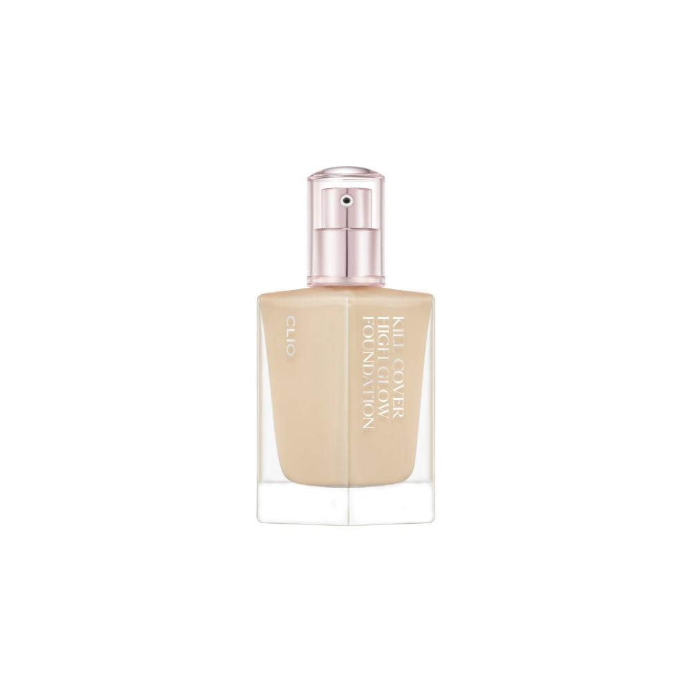Clio Kill Cover High Glow Foundation liquid makeup in shade 38g, featuring a sleek tube and high-glow finish.