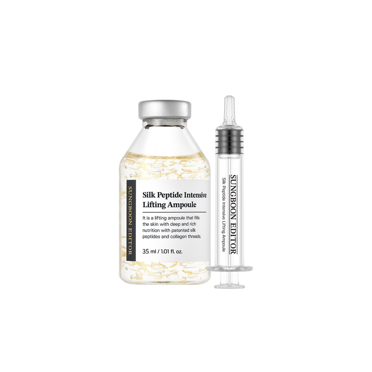 Sungboon Editor Silk Peptide Intensive Lifting Ampoule bottle with a sleek design and clear labeling, 35ml size.