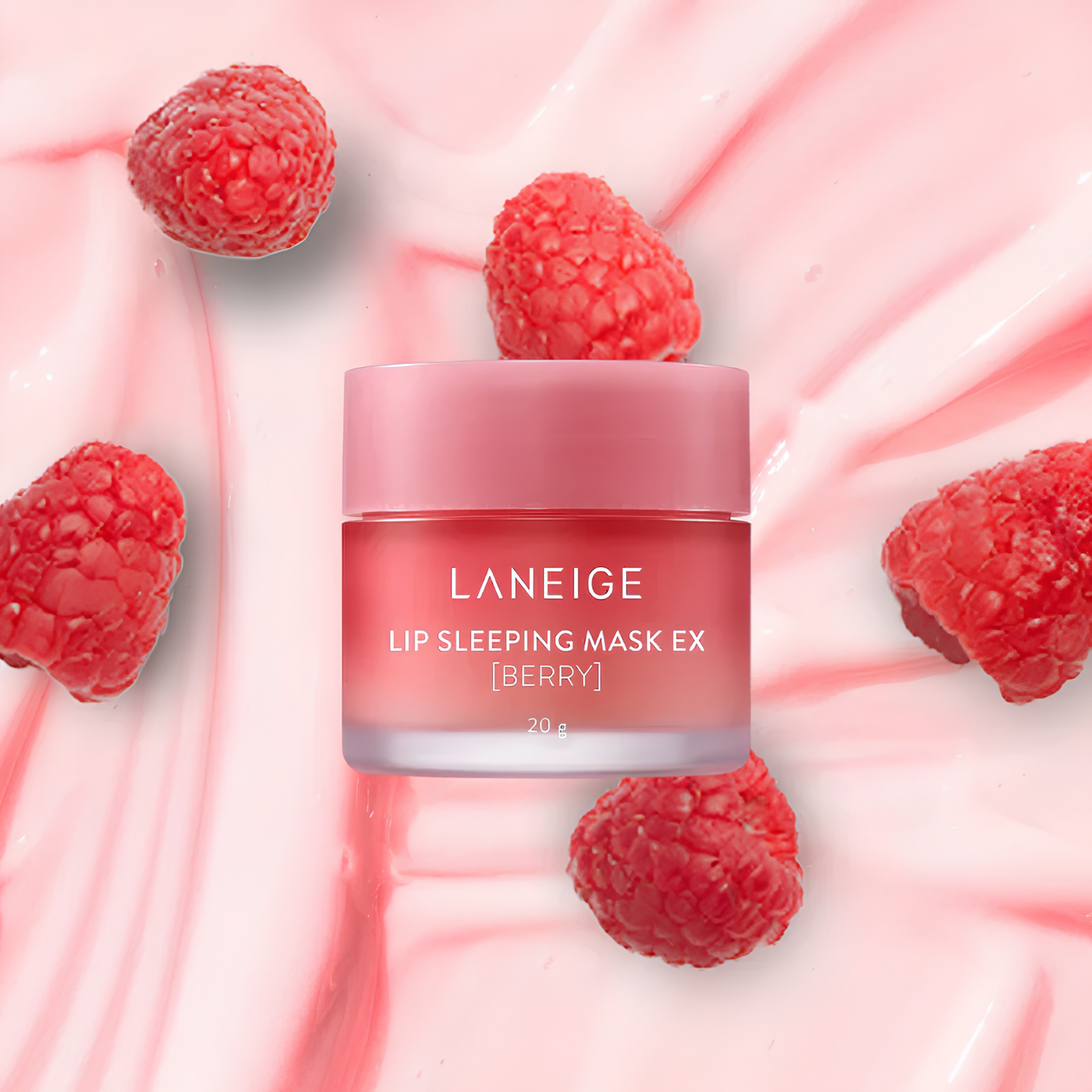 Laneige Berry Lip Sleeping Mask EX in 20g container, creamy pink lip mask for nourishing and softening lips overnight.