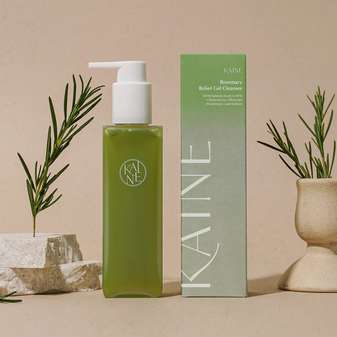 KAINE Rosemary Relief Gel Cleanser 150ml with foaming gel texture and natural rosemary infusion for gentle skin cleansing.